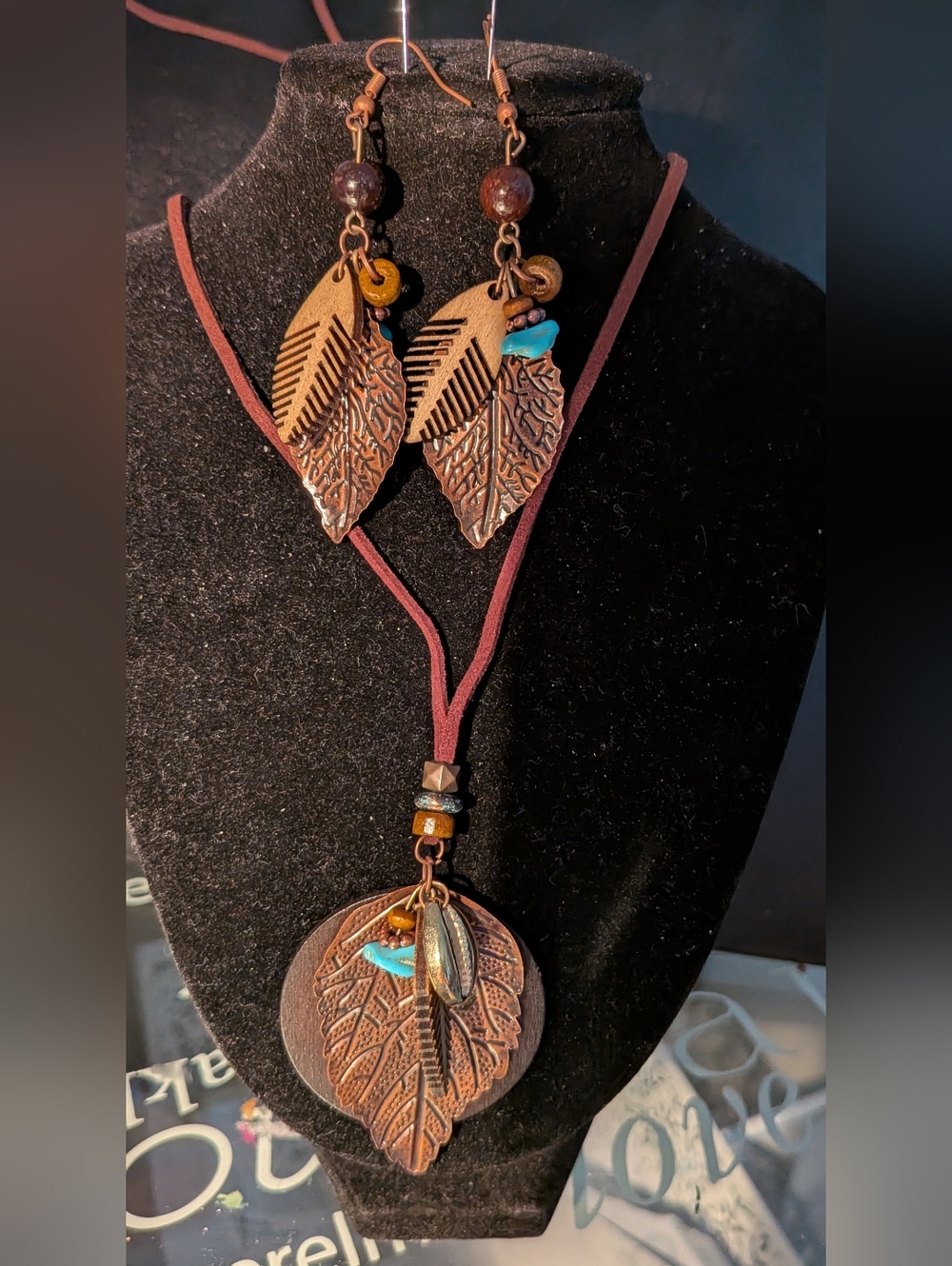 Boho Copper Leaf Necklace with Turquoise Accent - Women's Jewelry